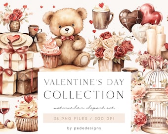 Watercolor Valentine&#39;s Day clipart, watercolor love clipart, red, pink, valentine png graphics, wedding clipart, commercial use, download