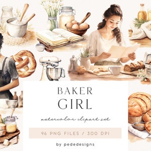 Baker Girl Collection, vers bakken, kookclipart, keukengerei, aquarelbrood, plakboek, kookgerei, bakkerijlogo, download