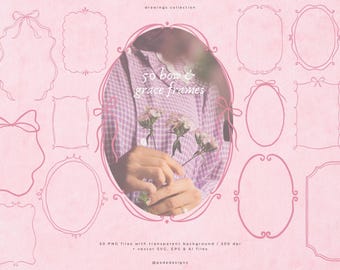 50 Hand Drawn Frames Clipart with Vintage Bow Frames SVG, Elegant Ornamental Borders, Coquette Pink Blue Frames PNG | Digital Download