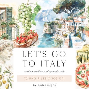 Let's go to Italy, watercolor summer clipart, travel, ancient roman, italian sceneries, italian street, scrapbooking, aesthetic, download image 1