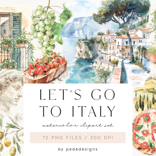 Let's go to Italy, watercolor summer clipart, travel, ancient roman, italian sceneries, italian street, scrapbooking, aesthetic, download