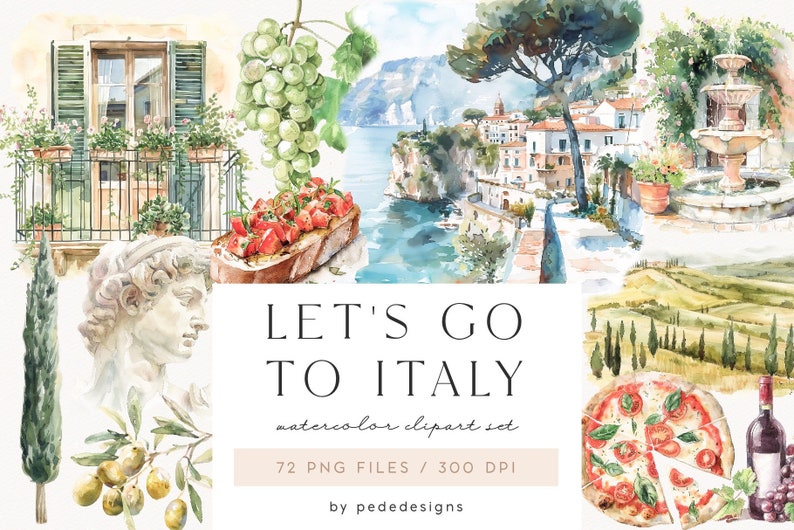 Let's go to Italy, watercolor summer clipart, travel, ancient roman, italian sceneries, italian street, scrapbooking, aesthetic, download zdjęcie 1