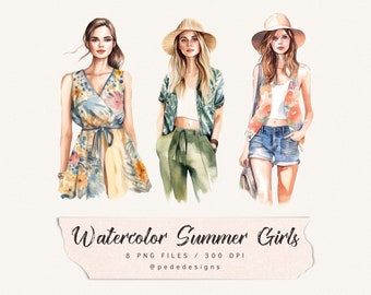 Watercolor Summer Girl clip art, watercolor fashion clipart, summer clipart, boho fashion girl png, summer graphics, feminine, download
