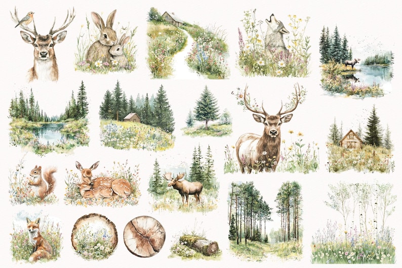 May include: A collection of watercolor illustrations featuring woodland animals and scenes. The illustrations include a deer, a rabbit, a wolf, a squirrel, a fox, a moose, and a variety of trees and flowers.
