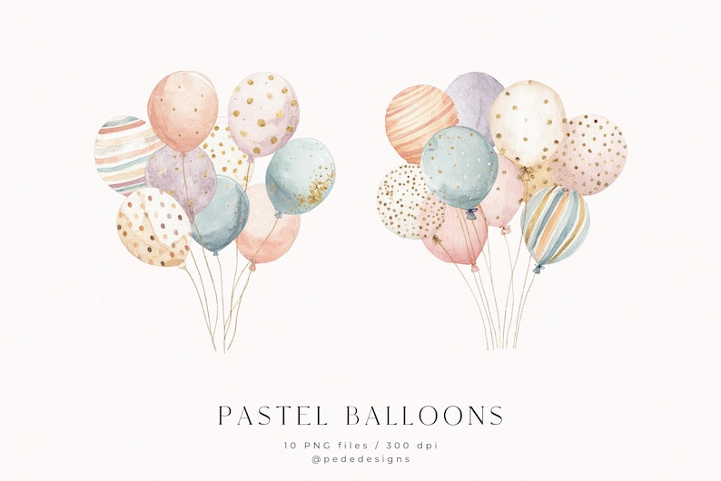 Watercolor Pastel Balloons Clip Art Set: PNG Graphics (digital Download ...