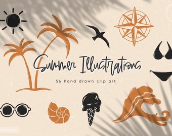 56 handritade sommarillustrationer, säsongsbetonad clipart, logotyp clipart, handritade element, sommargrafik, strand, sol, palmer, ladda ner,