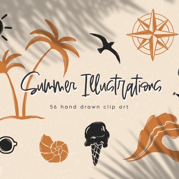 56 hand drawn summer illustrations, seasonal clipart, logo clipart, hand drawn elements, summer graphics, beach, sun, palm trees, download,