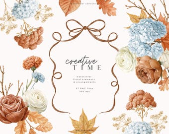 Autumn Floral Clipart Set with Fall Watercolor Flowers, Blue Hydrangea PNG, Autumn Leaves, Rustic Floral Arrangements (Digital Download)