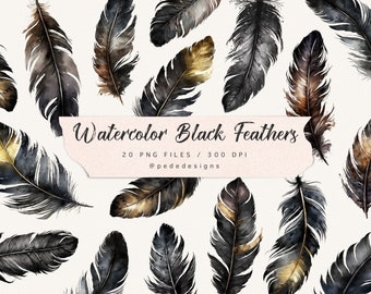 Watercolor black feathers clip art, feathers with gold, multicolor feathers, raven feathers, png graphics, scrapbook, download