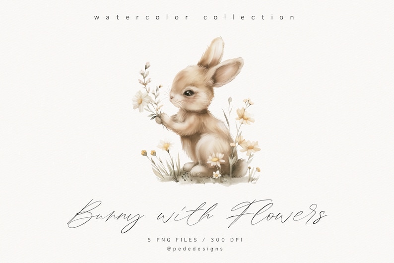 Bunny with Flowers clipart, watercolor baby bunny, spring png graphics, easter clipart, nursery clipart, spring flowers, daisies, download image 3