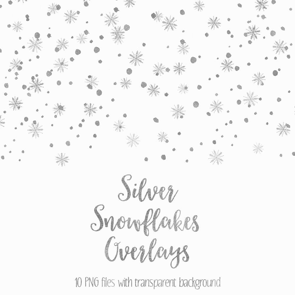 Silver Snowflakes Overlays, Digital Confetti, Silver Glitter Borders,  Falling Snowflakes, Christmas Clip Art, Download, 