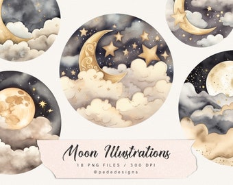 Watercolor moon illustrations, moon clipart, watercolor night, moon & stars, clouds png, celestial moon, commercial use, download