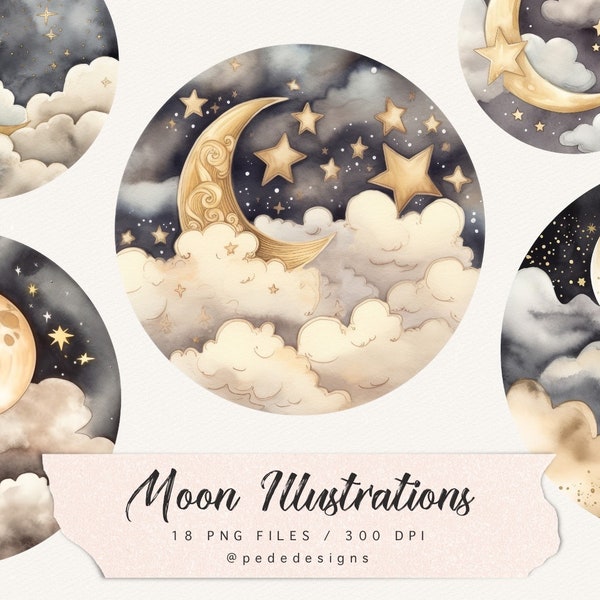 Watercolor moon illustrations, moon clipart, watercolor night, moon & stars, clouds png, celestial moon, commercial use, download