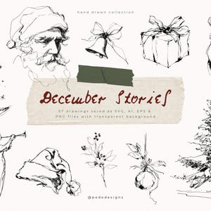 Puede incluir: Colección de ilustraciones navideñas dibujadas a mano en blanco y negro. Incluye a Papá Noel, un oso de peluche, un regalo, una campana, un árbol de Navidad y el texto "December Stories". 57 dibujos guardados como archivos SVG, AI, EPS y PNG con fondo transparente.