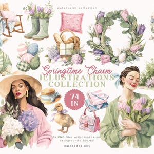 Frühling Charme Illustration Kollektion | Aquarell Frühling & Ostern Clipart | Digitale Aufkleber | PNG Frühling Grafiken | Baumwollgarn