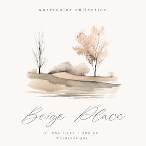 Beige Place, paisajes de acuarela, imágenes prediseñadas abstractas, escena de niebla, gráficos de paisajes, montañas, árboles de acuarela, campo de acuarela, descargar