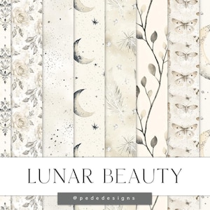 May include: A collection of fifteen seamless digital papers titled LUNAR BEAUTY, featuring patterns of moons, stars, suns, butterflies, roses, and botanical elements in shades of cream, beige, gray, and black, measuring 3600 x 3600 pixels.