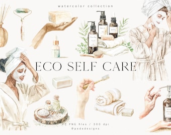 Watercolor Self Care Clipart: Spa Day, Cosmetics, & Eco Elements (PNG Download)