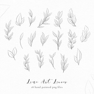 May include: A set of 18 hand-painted line art leaves in black and white. The leaves are arranged in a circle on a white background. The text "Line Art Leaves" and "18 hand painted png files" is below the leaves.