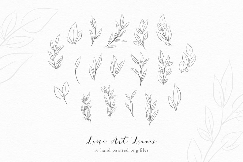 May include: A set of 18 hand-painted line art leaves in black and white. The leaves are arranged in a circle on a white background. The text "Line Art Leaves" and "18 hand painted png files" is below the leaves.