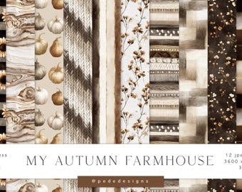 Autumn Farmhouse Digital Paper Set: Plaid & Pumpkins (Seamless, 12"x12" JPEG Download)