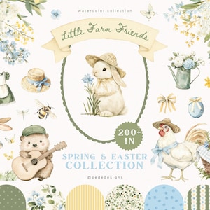 Little Farm Friends Watercolor Bundle – Collezione di clipart primaverili e pasquali, cuccioli di animali Cottagecore, fiori, cornici, motivi senza soluzione di continuità