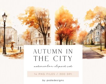 Autumn In The City, autumn town, watercolor fall scenery, winter clipart, watercolor landscape, city graphics, street, leaves, download