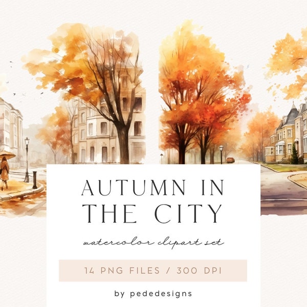 Autumn In The City, autumn town, watercolor fall scenery, winter clipart, watercolor landscape, city graphics, street, leaves, download