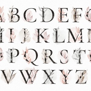 May include: A watercolor alphabet with black letters and pink and gray floral accents.