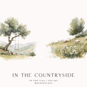 Może przedstawiać: Akwarelowa ilustracja dw&oacute;ch wiejskich scen. Jedna przedstawia drzewo z huśtawką, druga owce pasące się na wzg&oacute;rzu. Tekst "IN THE COUNTRYSIDE" znajduje się na dole, wraz ze szczeg&oacute;łami pliku.