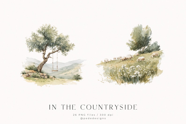Może przedstawiać: Akwarelowa ilustracja dw&oacute;ch wiejskich scen. Jedna przedstawia drzewo z huśtawką, druga owce pasące się na wzg&oacute;rzu. Tekst "IN THE COUNTRYSIDE" znajduje się na dole, wraz ze szczeg&oacute;łami pliku.