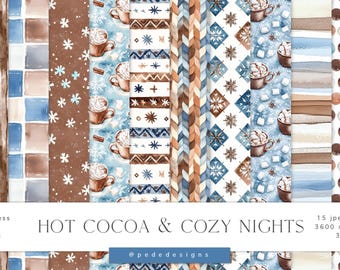 Può includere: Un set di 15 design di carta digitale con un tema invernale con cioccolata calda, fiocchi di neve e motivi accoglienti in tonalità di blu, marrone e bianco. Le carte sono di 3600 x 3600 pixel e 300 dpi.