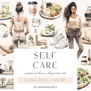 Self Care Clipart, clipart fille aquarelle, clipart fitness, fille fitness, alimentation saine, cosmétiques, graphiques de l'heure du spa, téléchargement
