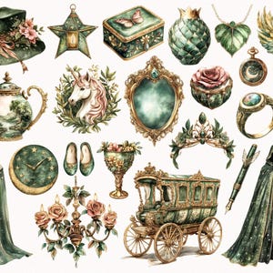 Peut inclure: Une collection d'illustrations &agrave; l'aquarelle repr&eacute;sentant des &eacute;l&eacute;ments f&eacute;&eacute;riques et fantastiques. Les illustrations comprennent une licorne, un carrosse, une th&eacute;i&egrave;re, une horloge, une &eacute;toile, une couronne, un oiseau, un chapeau, un miroir, un calice, une cape, une lampe, une bague, une bouteille, un pichet et une paire de chaussures.