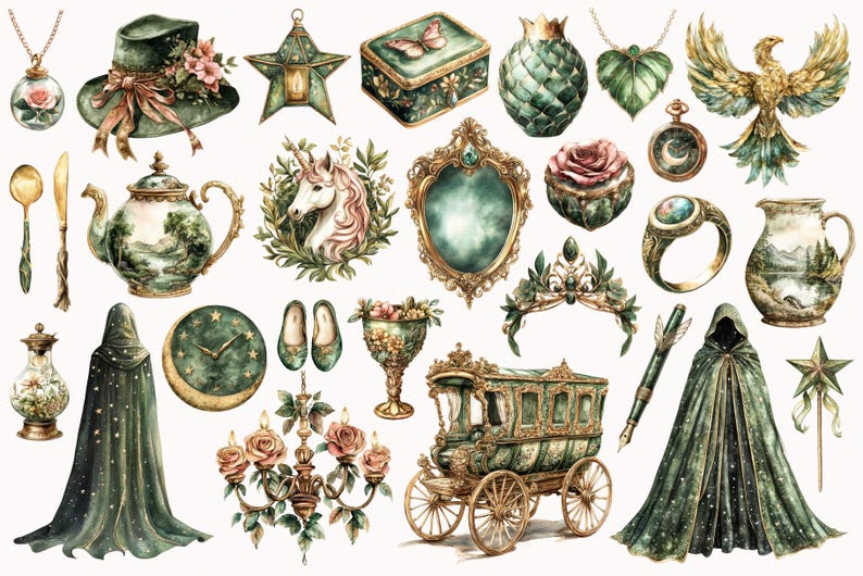 Peut inclure: Une collection d'illustrations &agrave; l'aquarelle repr&eacute;sentant des &eacute;l&eacute;ments f&eacute;&eacute;riques et fantastiques. Les illustrations comprennent une licorne, un carrosse, une th&eacute;i&egrave;re, une horloge, une &eacute;toile, une couronne, un oiseau, un chapeau, un miroir, un calice, une cape, une lampe, une bague, une bouteille, un pichet et une paire de chaussures.