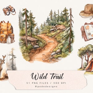 Wild trail illustrations, tent clip art, travel graphics, forest illustration, into the wild, cabin, camping site, hiking trail, download