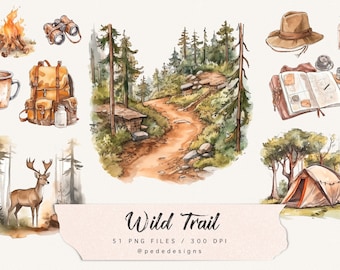 Wild trail illustrations, tent clip art, travel graphics, forest illustration, into the wild, cabin, camping site, hiking trail, download