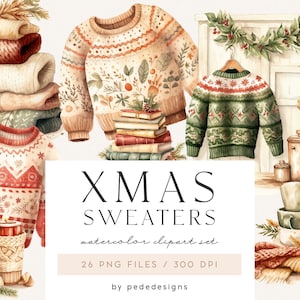 Clipart kersttruien, aquarel gezellige kerst, kerst clipart, trui clipart, gezellige winter illustratie, kersttijd, download