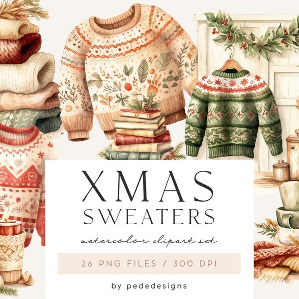 Christmas Sweaters Clipart, watercolor cozy christmas, xmas clipart, sweater clipart, cozy winter illustration, christmas time, download