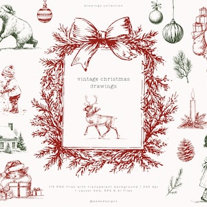 Bunt med vintage-julteckningar med 119 högtids-clipart PNG och vektor SVG, jultomte, renar, vinterillustrationer (digital nedladdning)