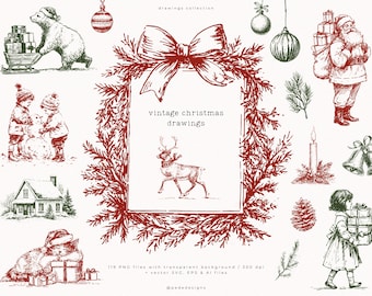 Vintage Christmas Drawings Bundle with 119 Holiday Clipart PNG & Vector SVG, Santa, Reindeer, Winter Illustrations (Digital Download)