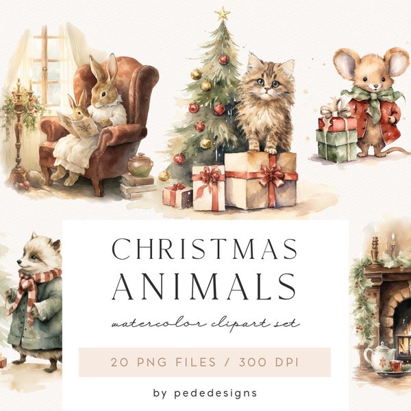 Christmas Animals Clipart, aquarelle Noël, illustration de Noël, lapin, élan, écureuil, illustration magique, réveillon de Noël, télécharger