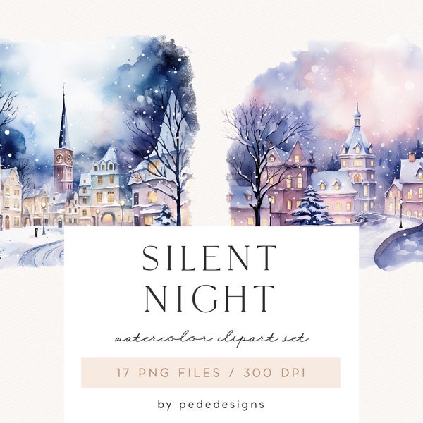 Silent Night, winter town, watercolor winter scenery, winter clipart, xmas scenery, christmas clipart, city graphics, houses, download