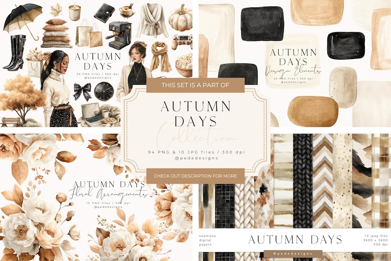 May include: A digital art collection with an autumn theme. The image features watercolor illustrations of fall-related items, including a coffee maker, umbrella, boots, and floral arrangements. The text "AUTUMN DAYS" is prominently displayed.