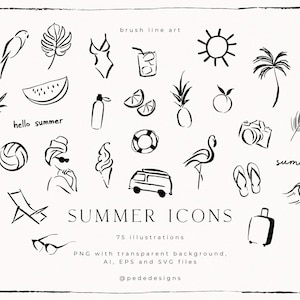Summer Icons, brush line art, vector files, seasonal svg, logo hand drawn elements, summer graphics, beach, sun, palm leaves, download,