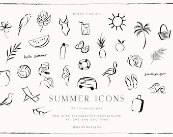 Sommarikoner, penseldrag, vektorfiler, säsongsbetonad svg, handritade logoelement, sommargrafik, strand, sol, palmblad, ladda ner,