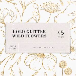 Flores silvestres con brillo dorado, imágenes prediseñadas florales doradas, hojas brillantes, imágenes prediseñadas de pradera, elementos de diseño, png botánico, flores doradas, descargar