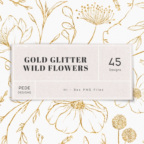 Gold glitter wild flowers, gold floral clip art, glitter leaves, meadow clipart, design elements, botanical png, gold flowers, download