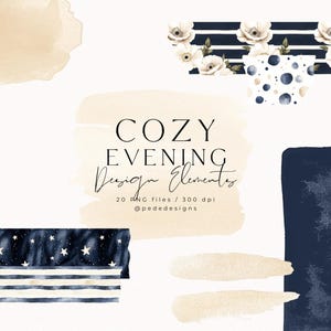 Elementy projektu z kolekcji Cozy Evening, akwarelowe cliparty, pociągnięcia pędzlem, ręcznie malowane elementy, taśmy washi, naklejki, pobieranie