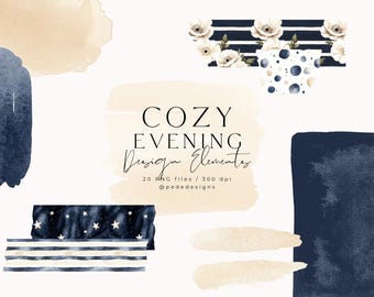 Aquarell Clipart: Gemütlicher Abend Pinselstriche & Washi Tape (Digitaler Download)